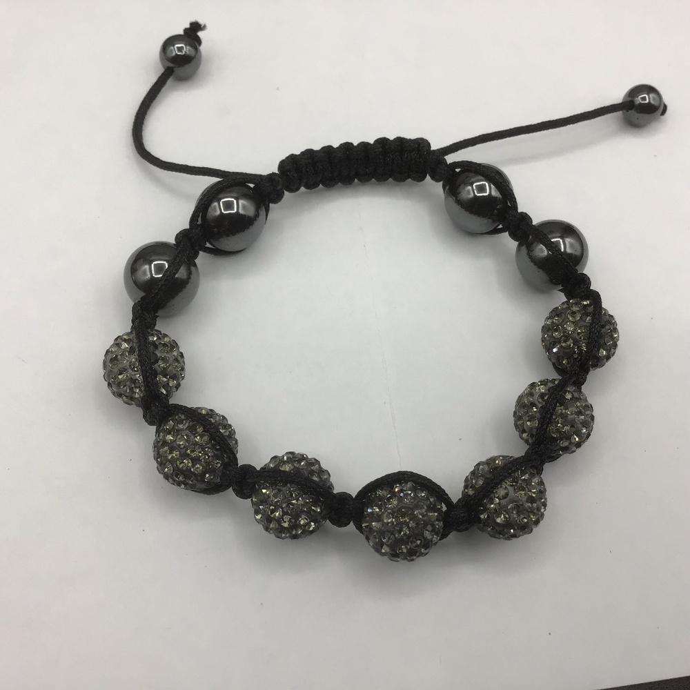 Adjustable Cord Hematite & Black Shambalia Beads Bracelet